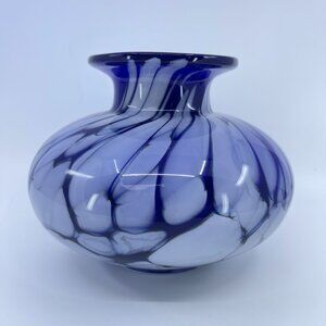 vintage handblown polish art glass vase cobalt blue and white swirl design